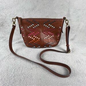 Fossil Leather Jolie Crossbody Bag Purse Woven Brown Multicolor Brass Pebbled